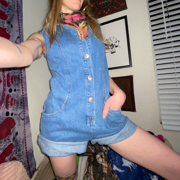 90s Vintage Highway Denim Jean Button Down Romper - Picture 4 of 16